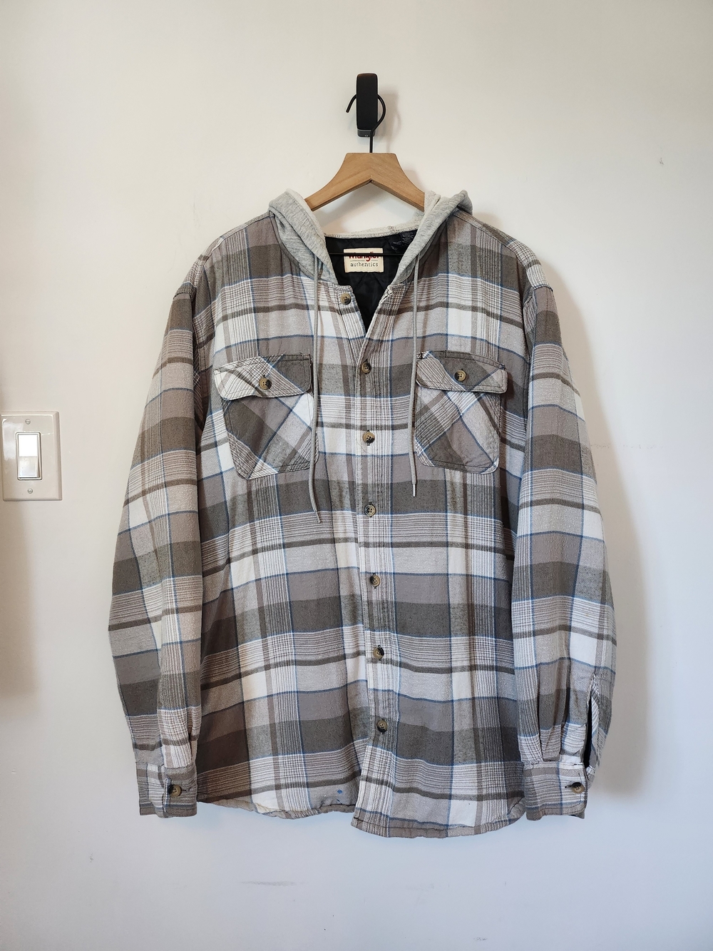 Mens Hooded Plaid Flannel Shirt Jacket - Gray